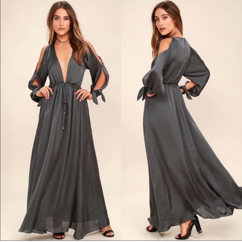 Lulu’s | Owning It Charcoal Satin Maxi Dress